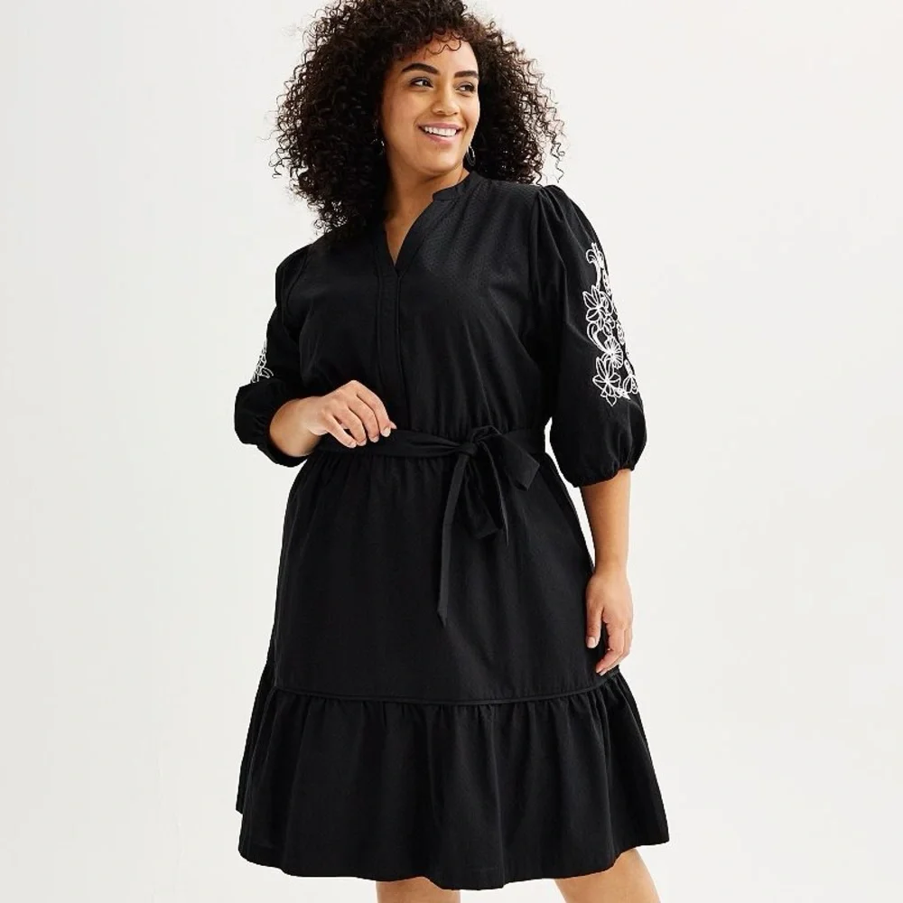 Draper James RSVP Black Embroidered Puff Sleeve Tie Waist Dress Size 1X - Picture 1 of 9